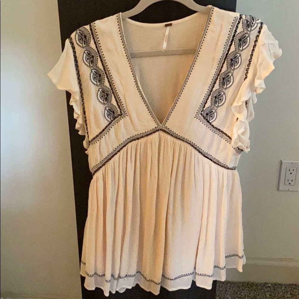 Free People smock top cream color with black trim